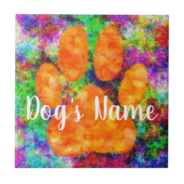 Dog Paw Print Watercolor With Custom Name Ceramic Tile (Front)