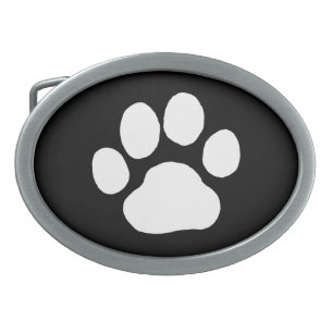 Dog Paw Print - White on Black Oval Belt Buckle