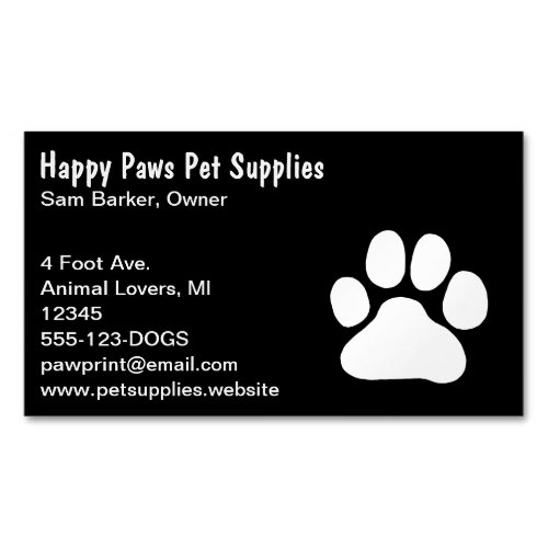 Dog Paw Print  White on Black  Pet Care Business Card Magnet