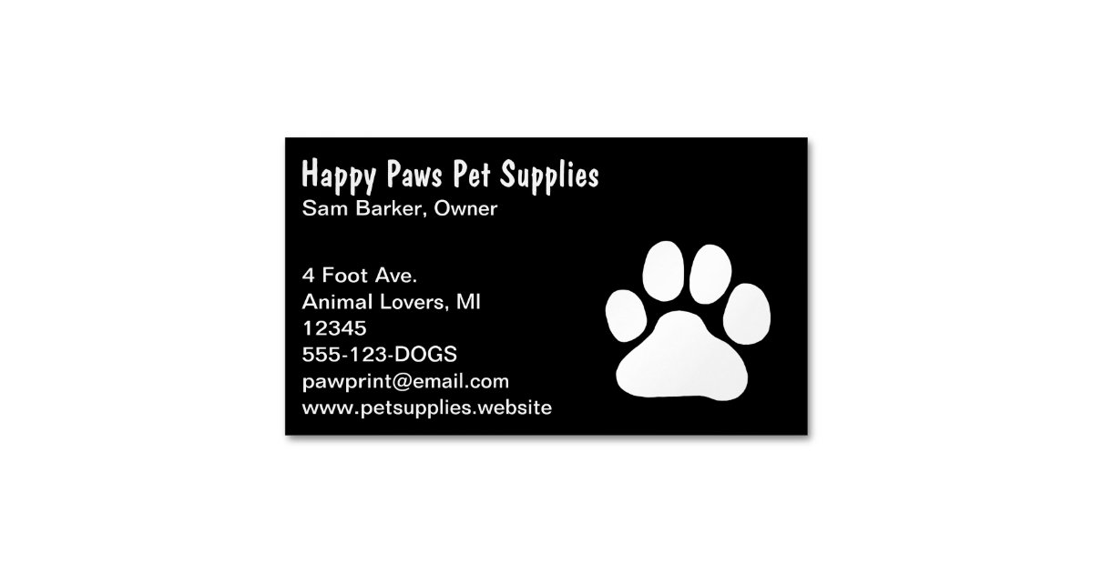 Dog Paw Print | White on Black | Pet Care Business Card Magnet | Zazzle.com