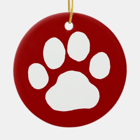 Dog Paw Print White on Red Christmas Holiday Ceramic Ornament