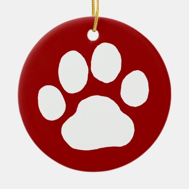 Dog Paw Print | White on Red Christmas Holiday Ceramic Ornament (Front)
