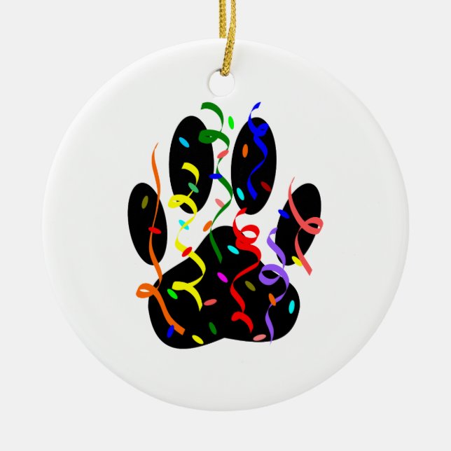 Dog Paw Print With Confetti And Streamer Ceramic Ornament (Front)