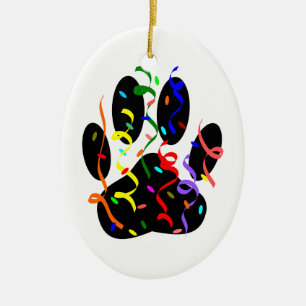 Dog Paw Print With Confetti And Streamer Ceramic Ornament
