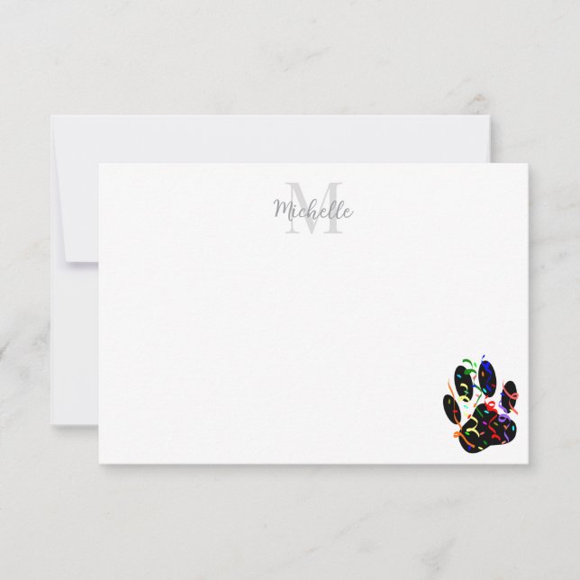 Dog Paw Print With Confetti And Streamer Monogram Note Card (Front)