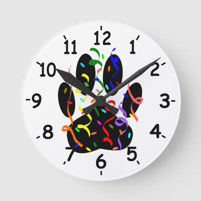 Dog Paw Print With Confetti And Streamer Round Clock (Front)