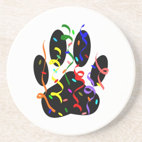 Dog Paw Print With Confetti And Streamer Sandstone Coaster