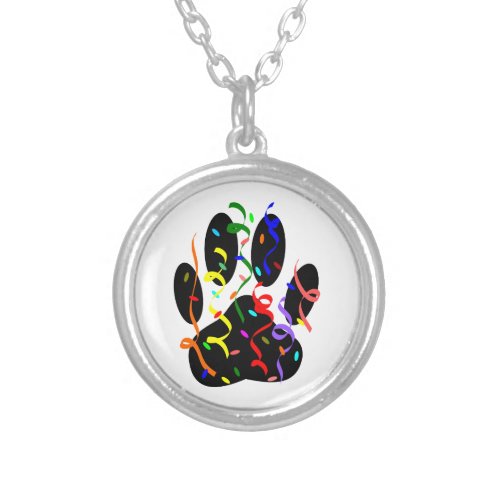 Dog Paw Print With Confetti And Streamer Silver Plated Necklace