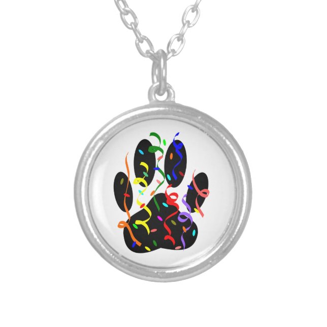 Dog Paw Print With Confetti And Streamer Silver Plated Necklace (Front)