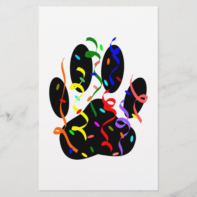 Dog Paw Print With Confetti And Streamer Stationery (Front)