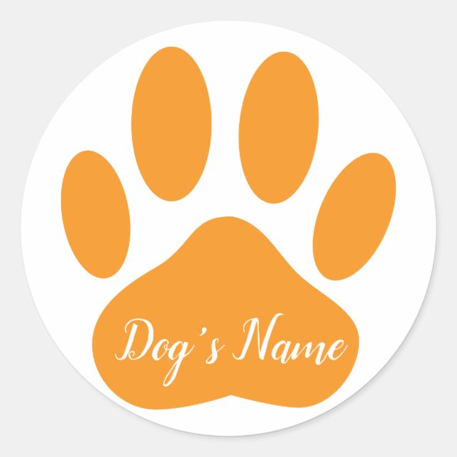 Dog Paw Print With Custom Name Orange Classic Round Sticker (Front)
