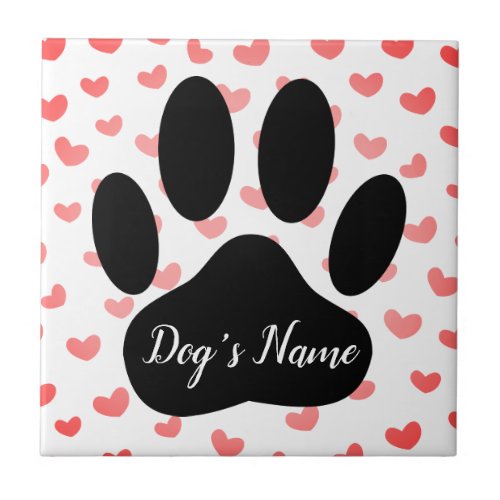 Dog Paw Print With Custom Name Red Hearts Ceramic Tile
