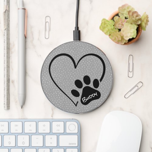 Dog Paw Print with Heart on Dots Wireless Charger