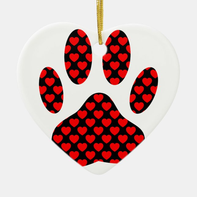 Dog Paw Print With Hearts Ceramic Ornament (Front)