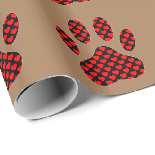 Dog Paw Print With Hearts On Brown Wrapping Paper