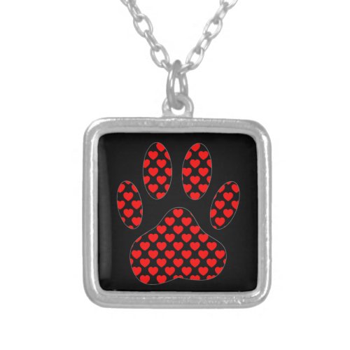Dog Paw Print With Hearts Silver Plated Necklace