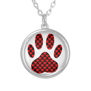 Dog Paw Print With Hearts Silver Plated Necklace