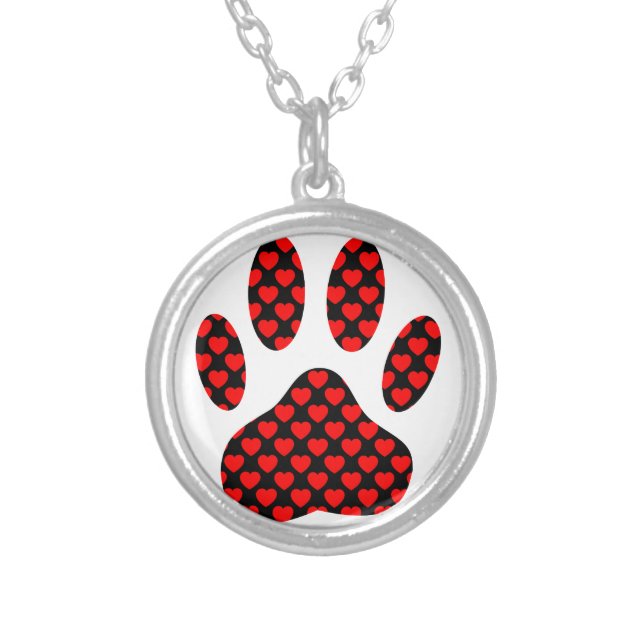 Dog Paw Print With Hearts Silver Plated Necklace (Front)