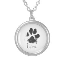 Dog Paw Print with Your Pet's Name - Black - Silver Plated Necklace