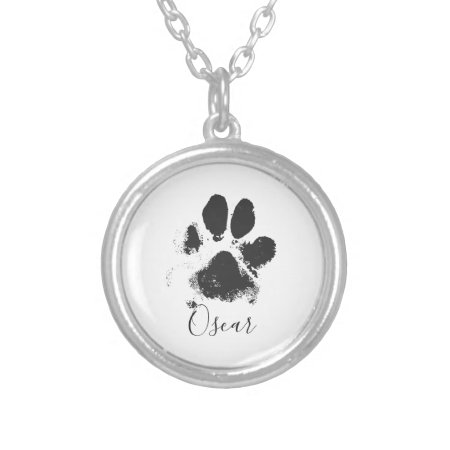 Dog Paw Print With Your Pet's Name - Black - Silver Plated Necklac