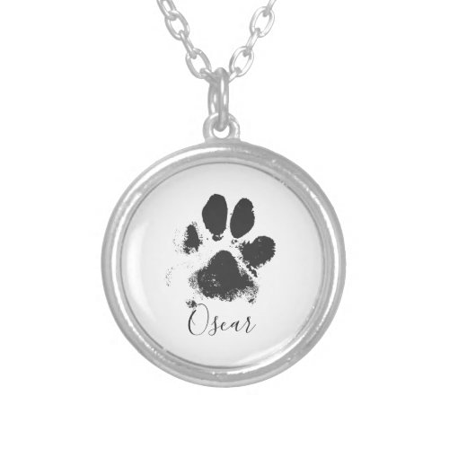 Dog Paw Print with Your Pets Name _ Black _ Silver Plated Necklace