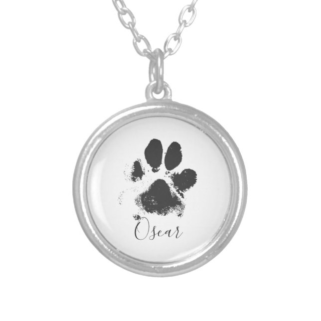 Dog Paw Print with Your Pet's Name - Black - Silver Plated Necklace (Front)