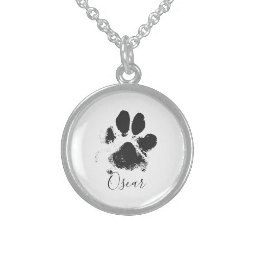 Dog Paw Print with Your Pets Name _ Black _ Sterling Silver Necklace