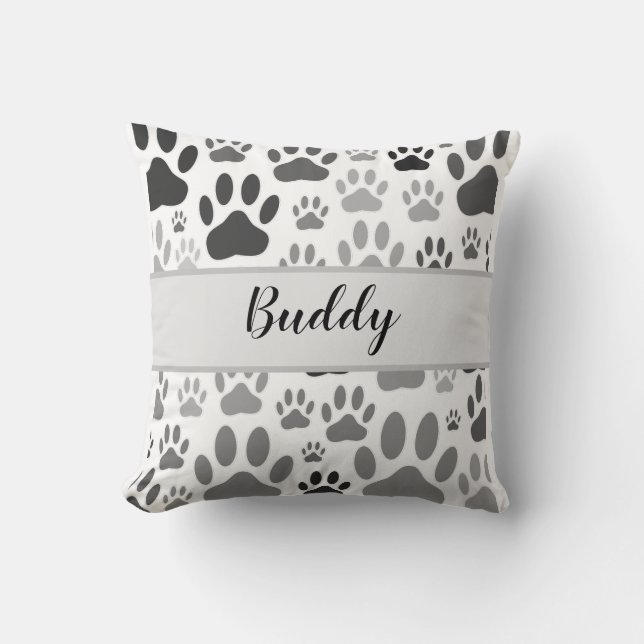 Dog Paw Prints All Over Editable Dog Name Throw Pillow (Front)