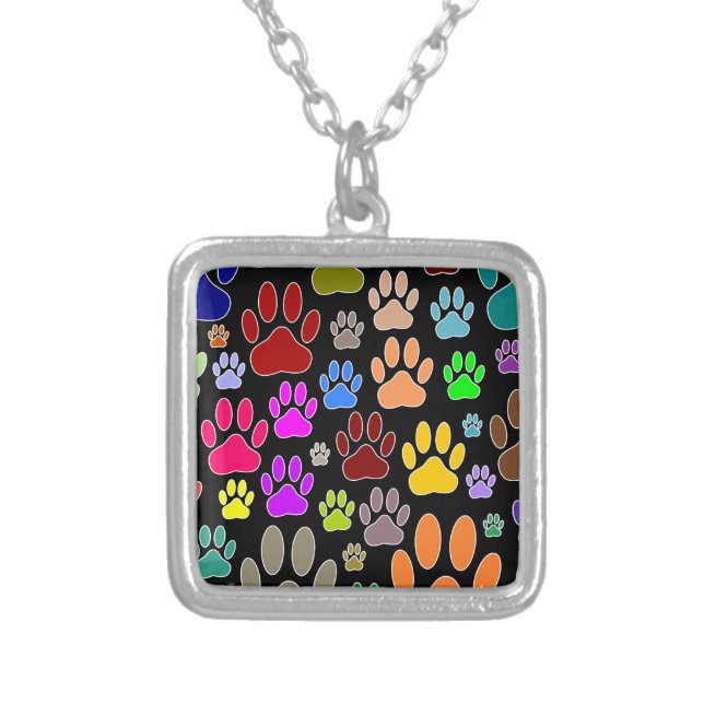 Dog Paw Prints All Over Silver Plated Necklace (Front)