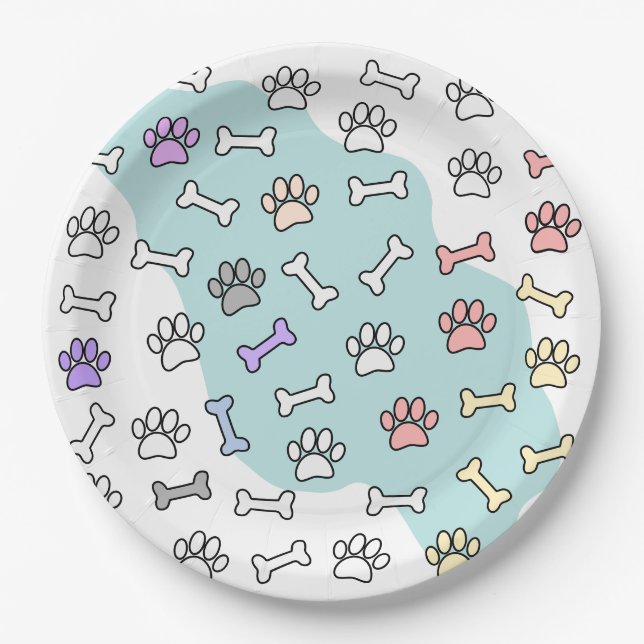 Dog Paw Prints And Bones Art Pattern Paper Plates (Front)
