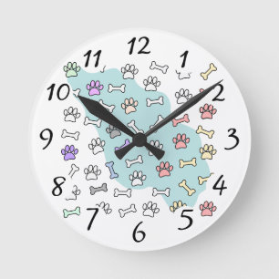 Dog Paw Prints And Bones Art Pattern Round Clock
