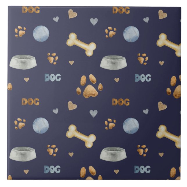 Dog Paw Prints and Bones Cute Ceramic Tile (Front)