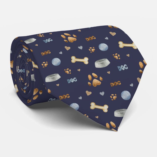 Dog Paw Prints and Bones Cute Neck Tie (Rolled)