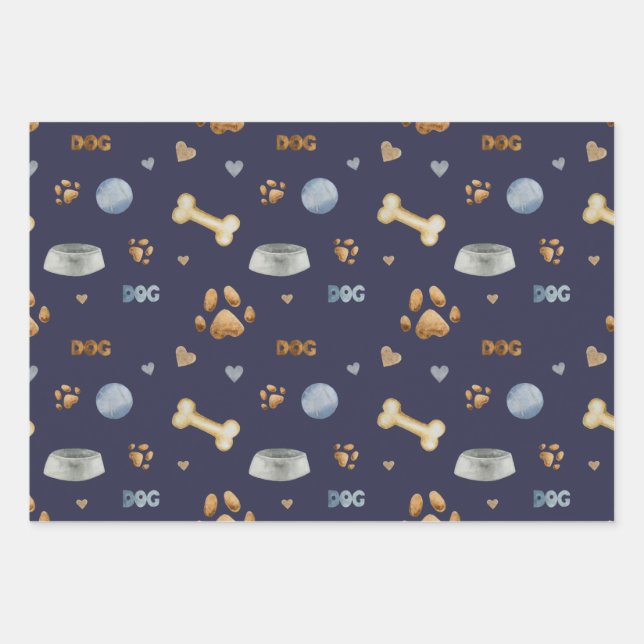 Dog Paw Prints and Bones Cute Wrapping Paper Sheets (Front)