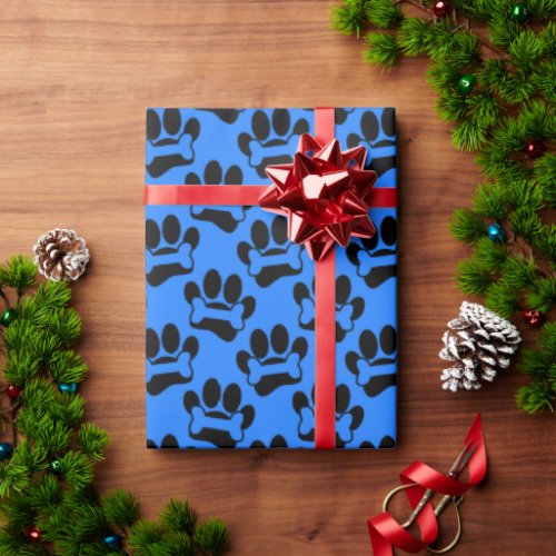 Dog Paw Prints And Bones Pattern Black Blue Wrapping Paper
