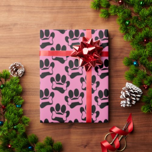 Dog Paw Prints And Bones Pattern Black Pink Wrapping Paper