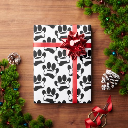 Dog Paw Prints And Bones Pattern Black White Wrapping Paper