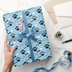 Dog Paw Prints and Bones Pattern Blue Wrapping Paper