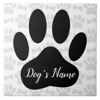 Dog Paw Prints And Bones With Custom Name Ceramic Tile