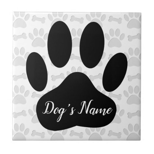 Dog Paw Prints And Bones With Custom Name Ceramic Tile