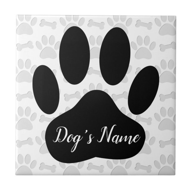 Dog Paw Prints And Bones With Custom Name Ceramic Tile (Front)