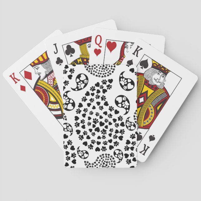 Dog Paw Prints And Hearts Paisley Pattern Poker Cards (Back)