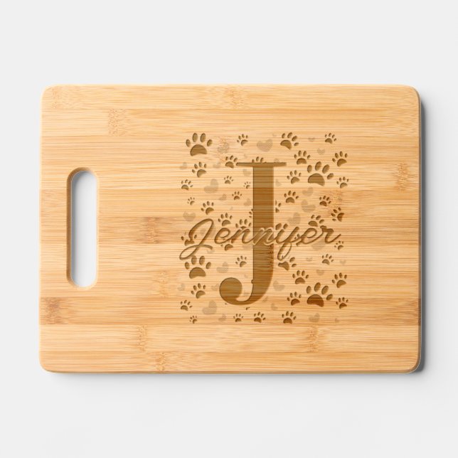 Dog Paw Prints And Hearts Pattern Personalized Engraved Cutting Board (Front)