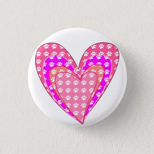 Dog Paw Prints And Pink Hearts Button
