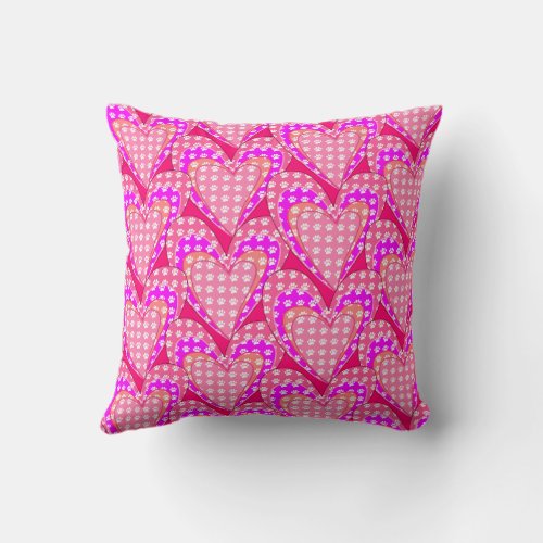 Dog Paw Prints And Pink Hearts Pattern Throw Pillow
