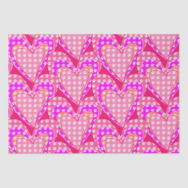 Dog Paw Prints And Pink Hearts Pattern Tissue Paper (Front)