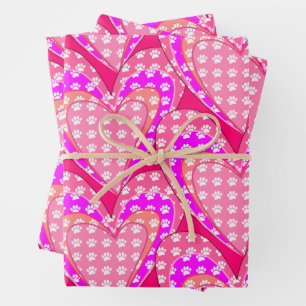 Dog Paw Prints And Pink Hearts Pattern Wrapping Paper Sheets