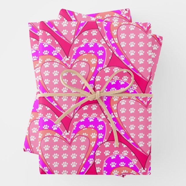 Dog Paw Prints And Pink Hearts Pattern Wrapping Paper Sheets (In situ)