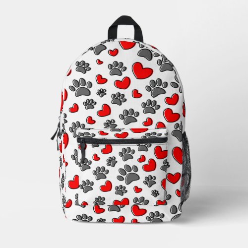 Dog Paw Prints And Red Hearts Custom Printed Backpack