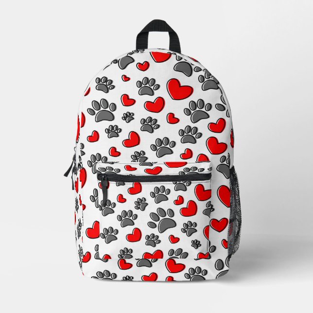 Dog Paw Prints And Red Hearts Custom Printed Backpack (Front)
